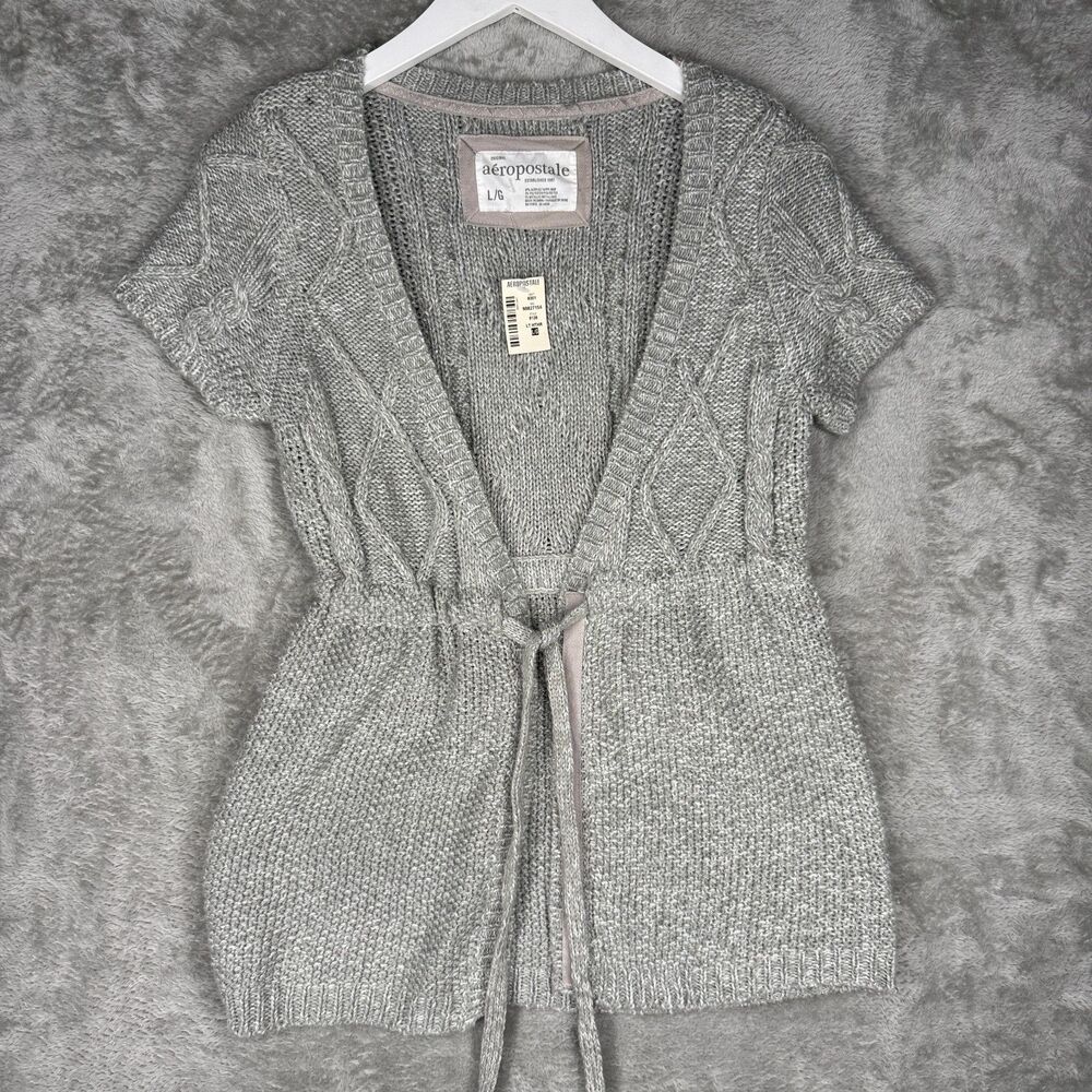 Y2K Aeropostale Babydoll Cardigan Womens Large Sweater Top Cable Knit Gray Tie